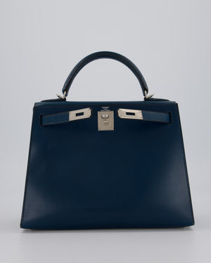 *VERY RARE* Hermès Kelly 28 Sellier Bag in Bleu De Prusse Box Calf Leather with Guilloche Palladium Hardware