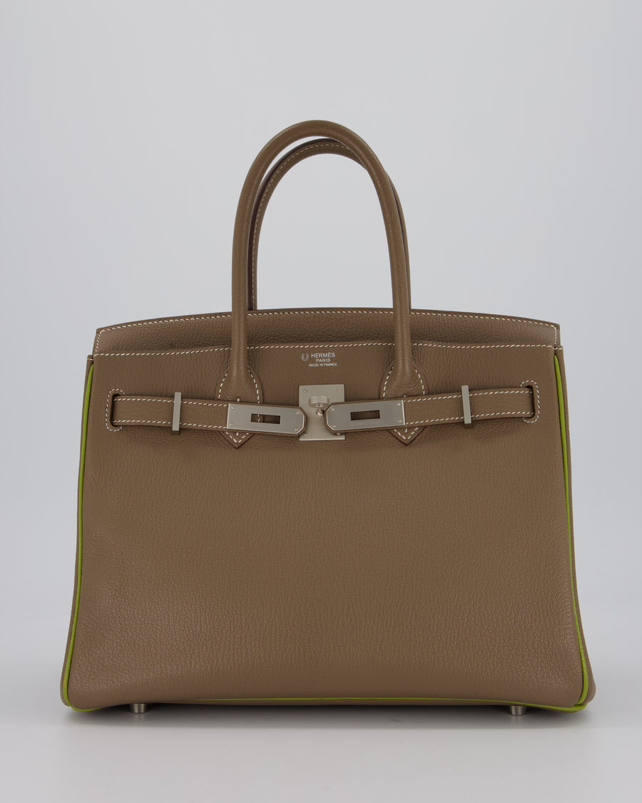 Hermès HSS Birkin 30 Retourne Bag in Etoupe & Vert Anis Chèvre Mysore with Brushed Palladium Hardware