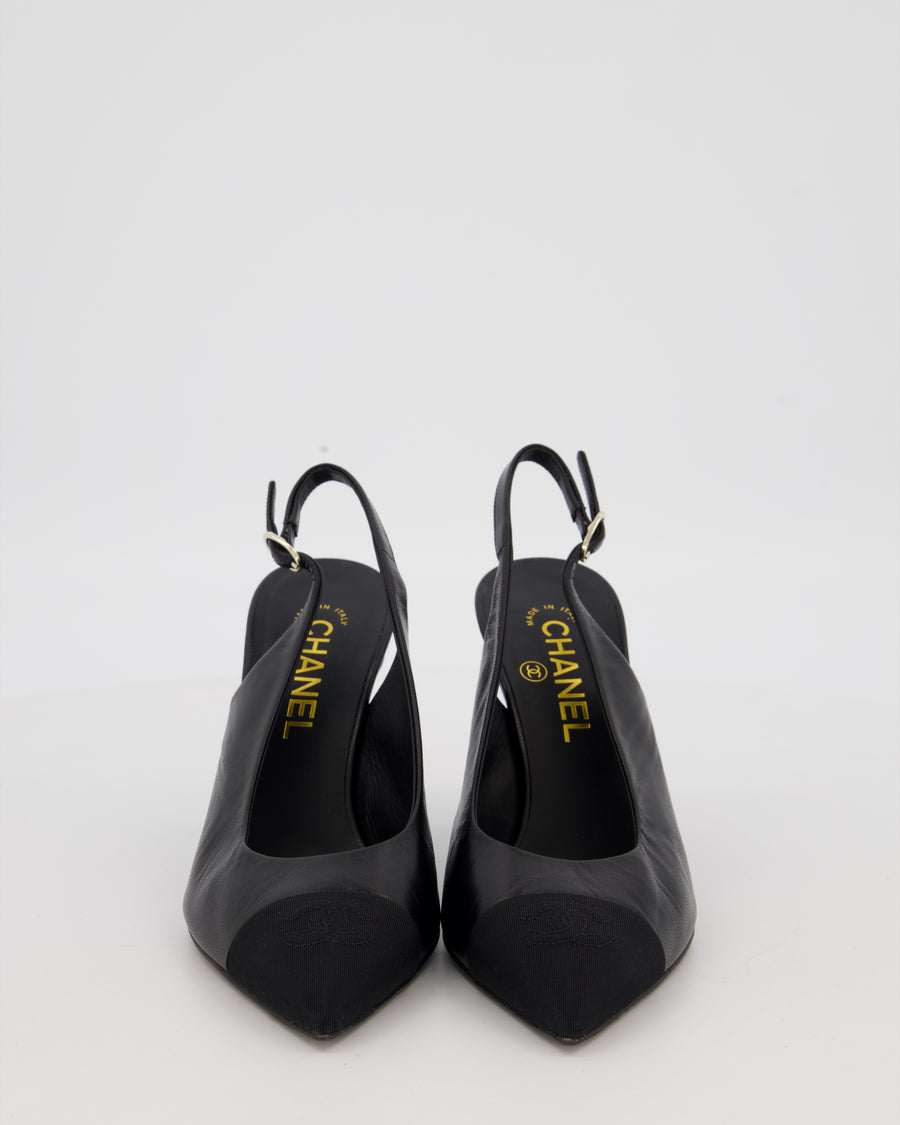 Chanel Black Pointed Toe Leather Pumps With Black CC Grosgrain Toecap Size EU 37.5