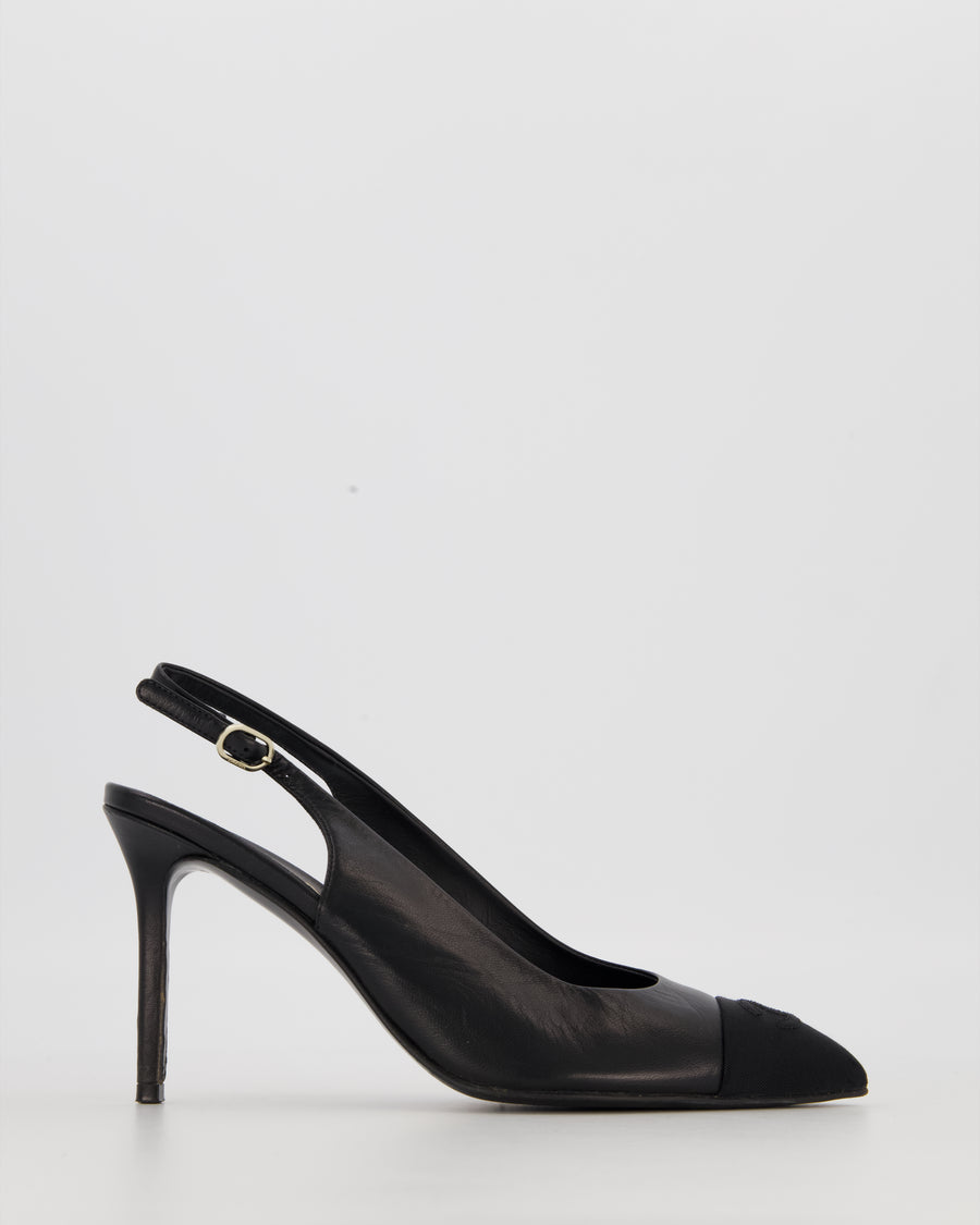 Chanel Black Pointed Toe Leather Pumps With Black CC Grosgrain Toecap Size EU 37.5