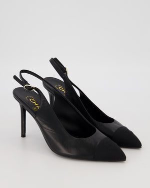 Chanel Black Pointed Toe Leather Pumps With Black CC Grosgrain Toecap Size EU 37.5