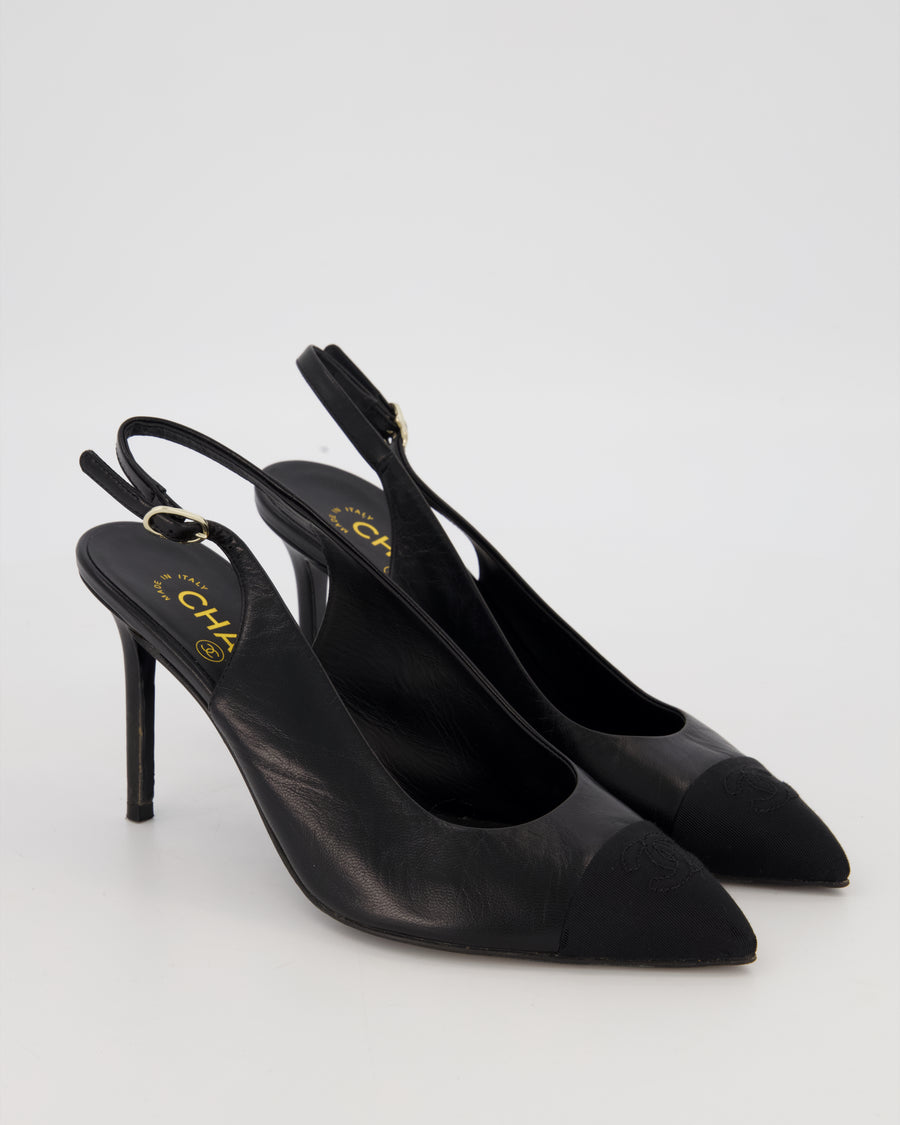 Chanel Black Pointed Toe Leather Pumps With Black CC Grosgrain Toecap Size EU 37.5