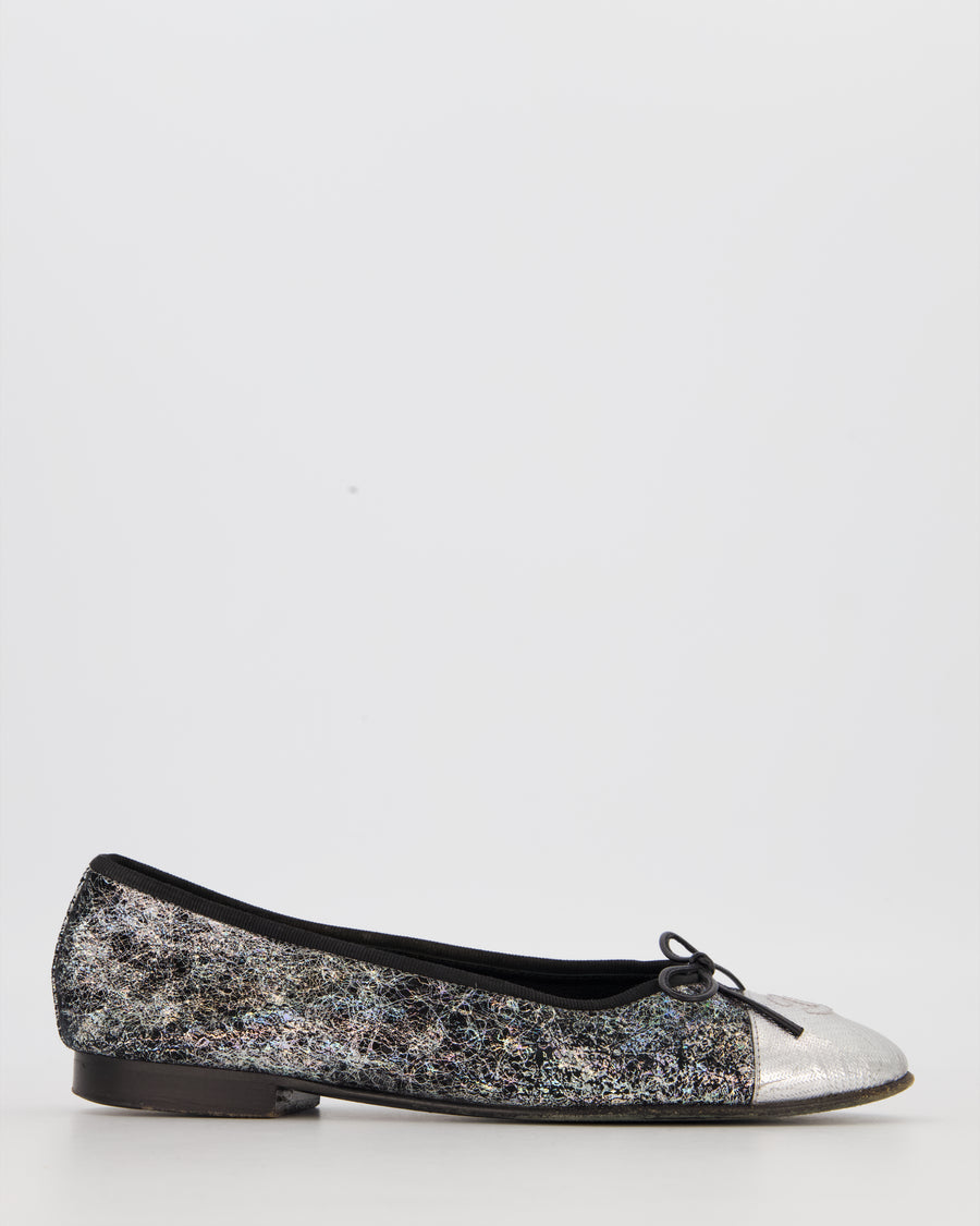 Chanel Holographic Cracked Metallic Ballerina Flats with Silver CC Toecap Size EU 38C