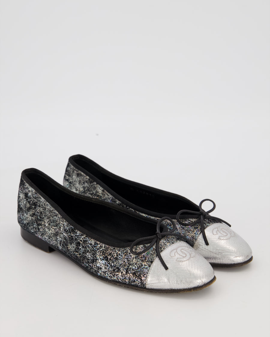 Chanel Holographic Cracked Metallic Ballerina Flats with Silver CC Toecap Size EU 38C