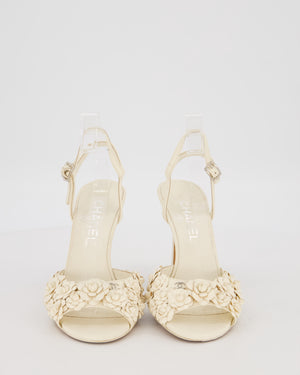 Chanel White Camellia Heeled Sandals With CC Details Size EU 37C