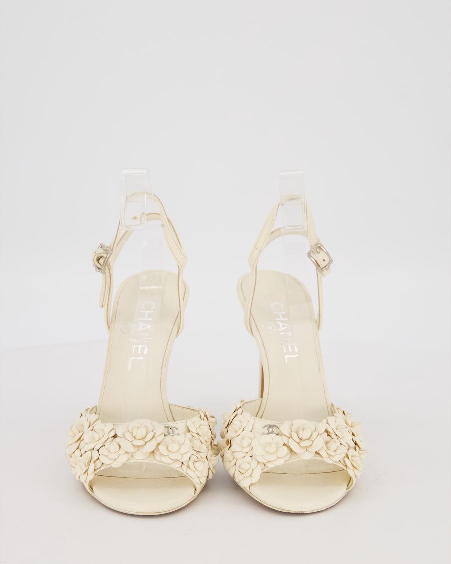 Chanel White Camellia Heeled Sandals With CC Details Size EU 37C