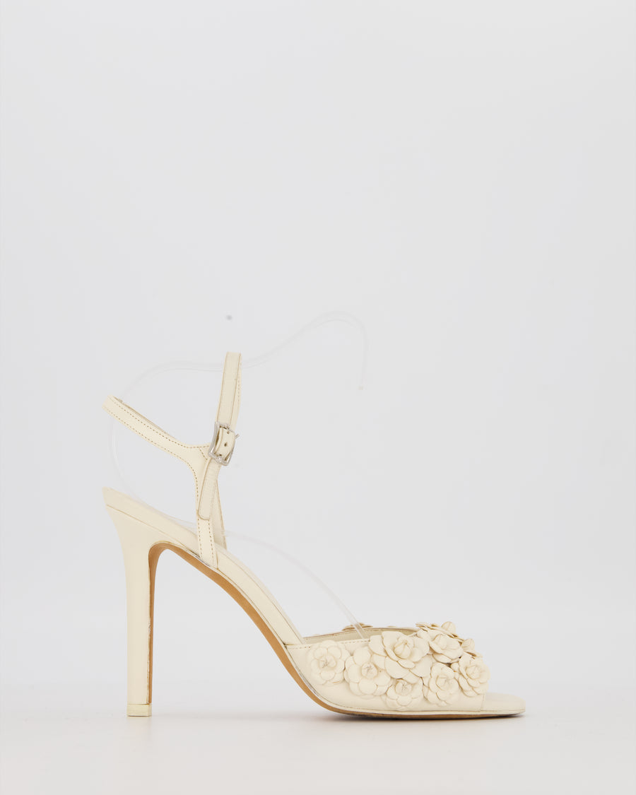 Chanel White Camellia Heeled Sandals With CC Details Size EU 37C