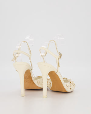 Chanel White Camellia Heeled Sandals With CC Details Size EU 37C