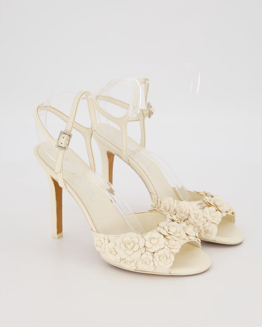 Chanel White Camellia Heeled Sandals With CC Details Size EU 37C
