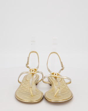 Chanel Gold Quilted Flat Thong Sandals With Pearl CC Logo Size EU 37.5C