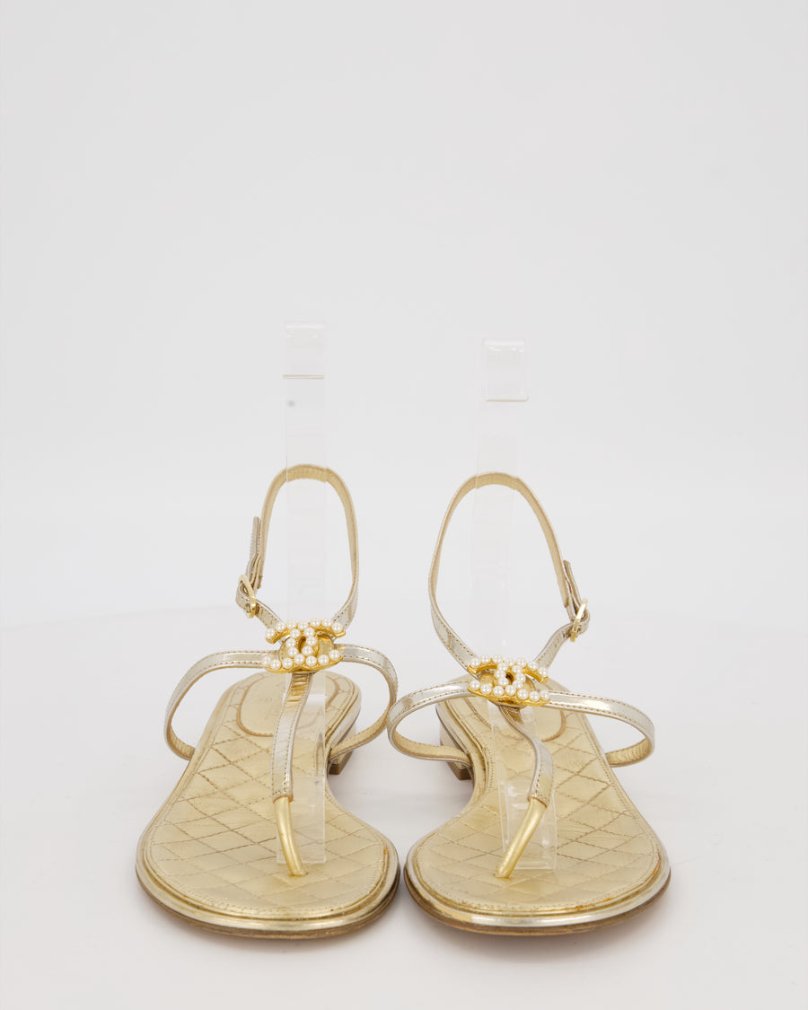Chanel Gold Quilted Flat Thong Sandals With Pearl CC Logo Size EU 37.5C