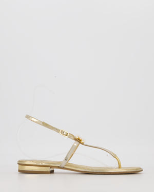 Chanel Gold Quilted Flat Thong Sandals With Pearl CC Logo Size EU 37.5C