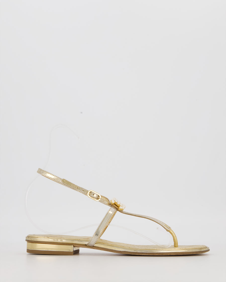 Chanel Gold Quilted Flat Thong Sandals With Pearl CC Logo Size EU 37.5C