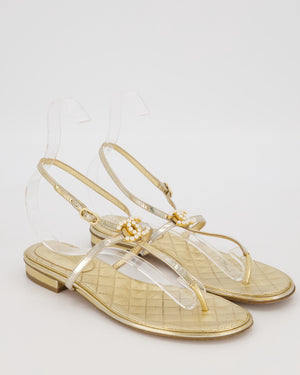 Chanel Gold Quilted Flat Thong Sandals With Pearl CC Logo Size EU 37.5C