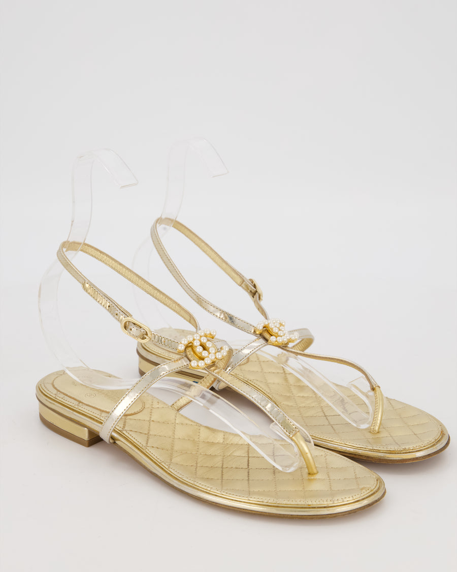 Chanel Gold Quilted Flat Thong Sandals With Pearl CC Logo Size EU 37.5C