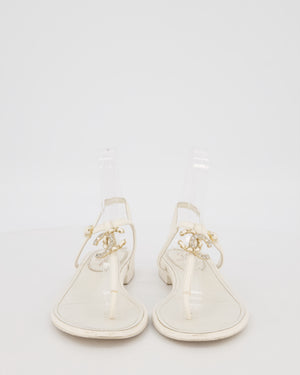 Chanel White Flat Thong Sandals With Embellished CC Logo Strap Size EU 37C