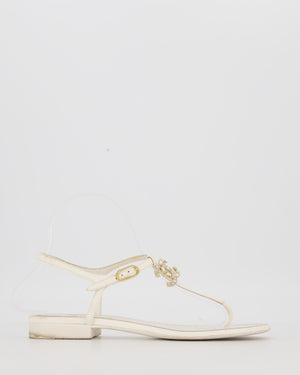 Chanel White Flat Thong Sandals With Embellished CC Logo Strap Size EU 37C