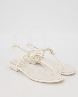 Chanel White Flat Thong Sandals With Embellished CC Logo Strap Size EU 37C