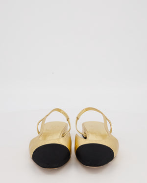 Chanel Gold Slingbacks in Aged Effect Leather with Black Toe Cap Size EU 37C