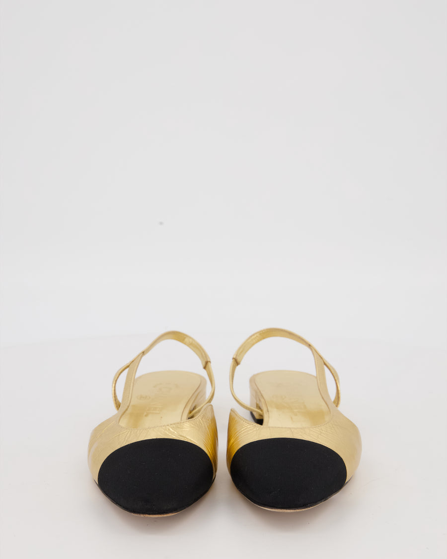 Chanel Gold Slingbacks in Aged Effect Leather with Black Toe Cap Size EU 37C