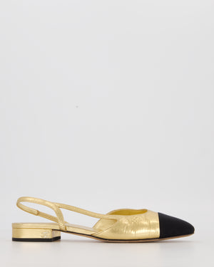 Chanel Gold Slingbacks in Aged Effect Leather with Black Toe Cap Size EU 37C