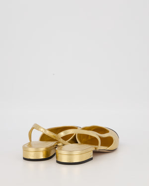 Chanel Gold Slingbacks in Aged Effect Leather with Black Toe Cap Size EU 37C
