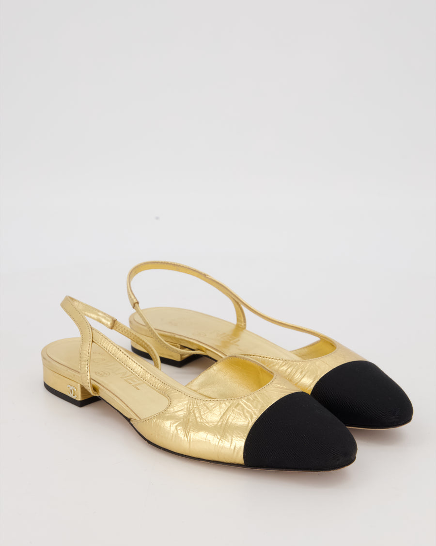 Chanel Gold Slingbacks in Aged Effect Leather with Black Toe Cap Size EU 37C