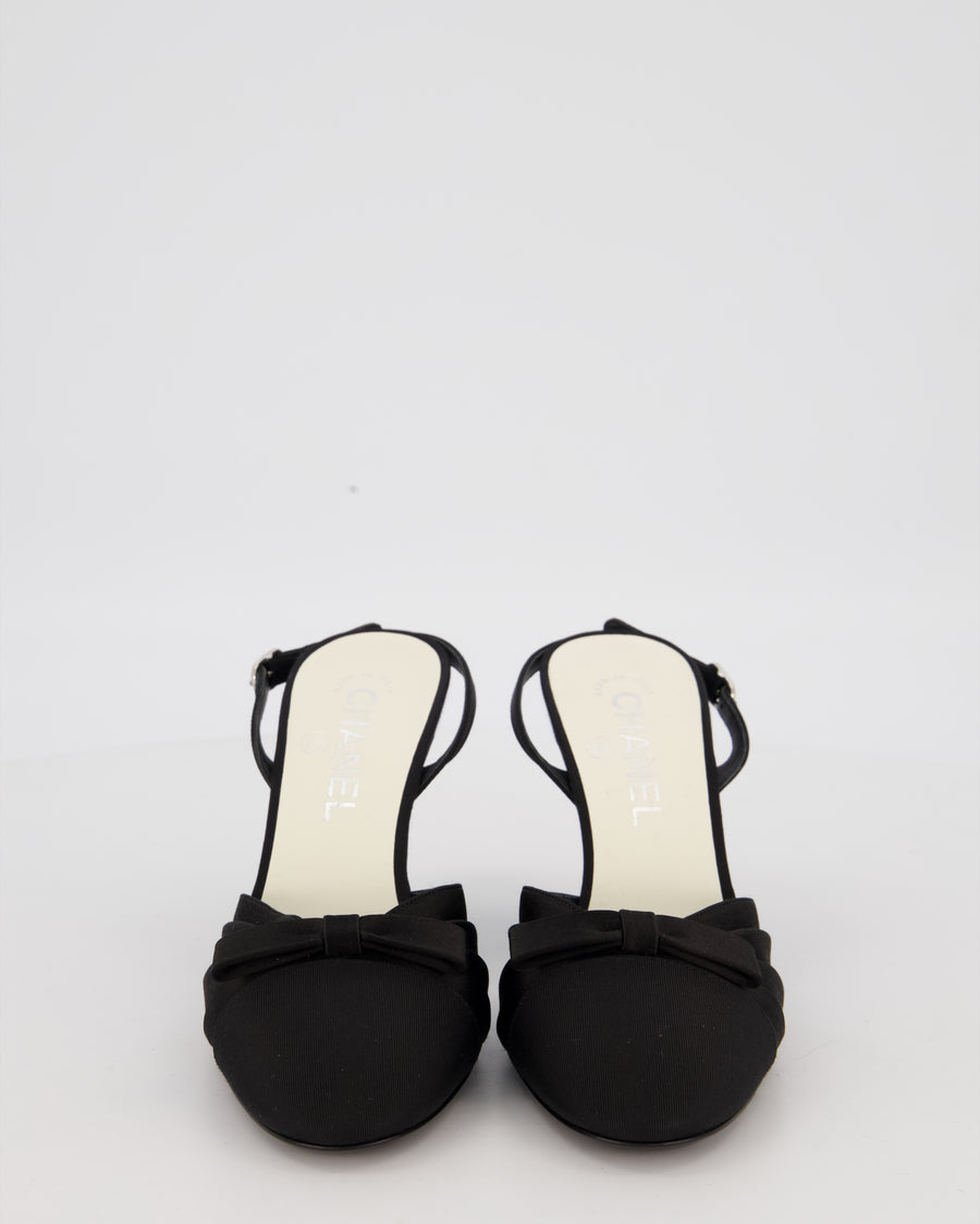 Chanel Black Round Toe Satin Pumps With Bow Details Size 37.5C