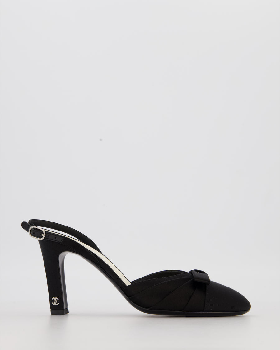 Chanel Black Round Toe Satin Pumps With Bow Details Size 37.5C