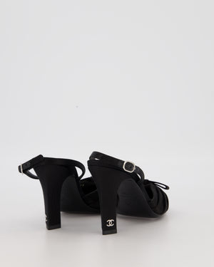 Chanel Black Round Toe Satin Pumps With Bow Details Size 37.5C