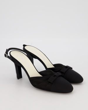 Chanel Black Round Toe Satin Pumps With Bow Details Size 37.5C