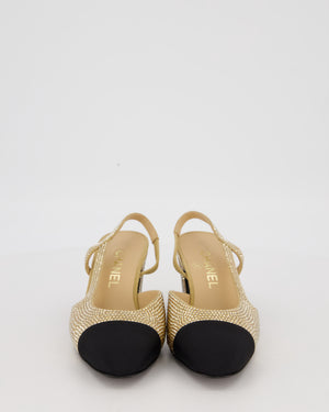 Chanel Gold Crystal-Embellished Slingback Heels with Black Grosgrain Toecap Size EU 37C