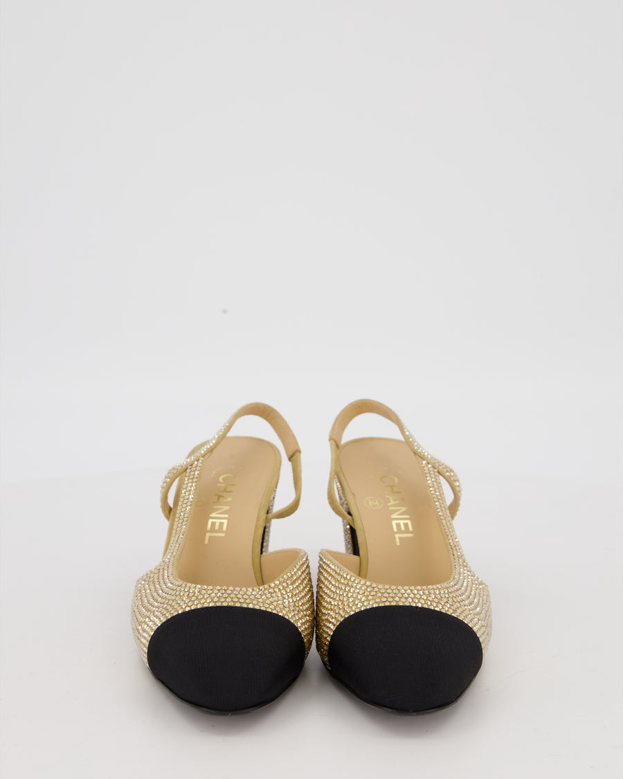 Chanel Gold Crystal-Embellished Slingback Heels with Black Grosgrain Toecap Size EU 37C