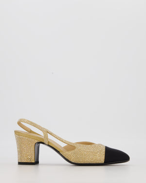 Chanel Gold Crystal-Embellished Slingback Heels with Black Grosgrain Toecap Size EU 37C