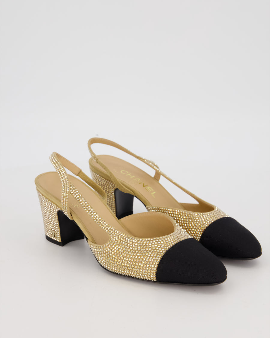 Chanel Gold Crystal-Embellished Slingback Heels with Black Grosgrain Toecap Size EU 37C