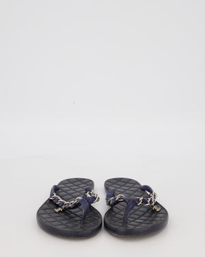 Chanel Navy Quilted Thong Sandals With Chain Logo Straps Size EU 36