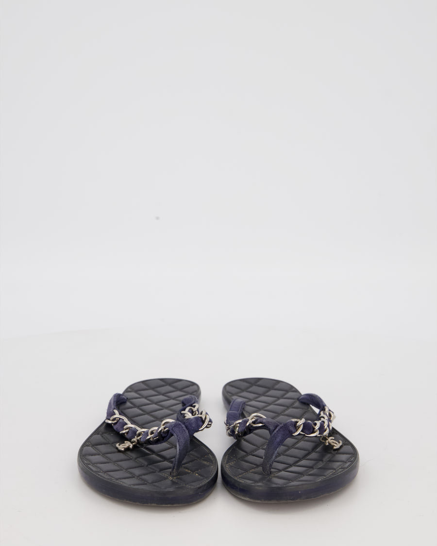 Chanel Navy Quilted Thong Sandals With Chain Logo Straps Size EU 36