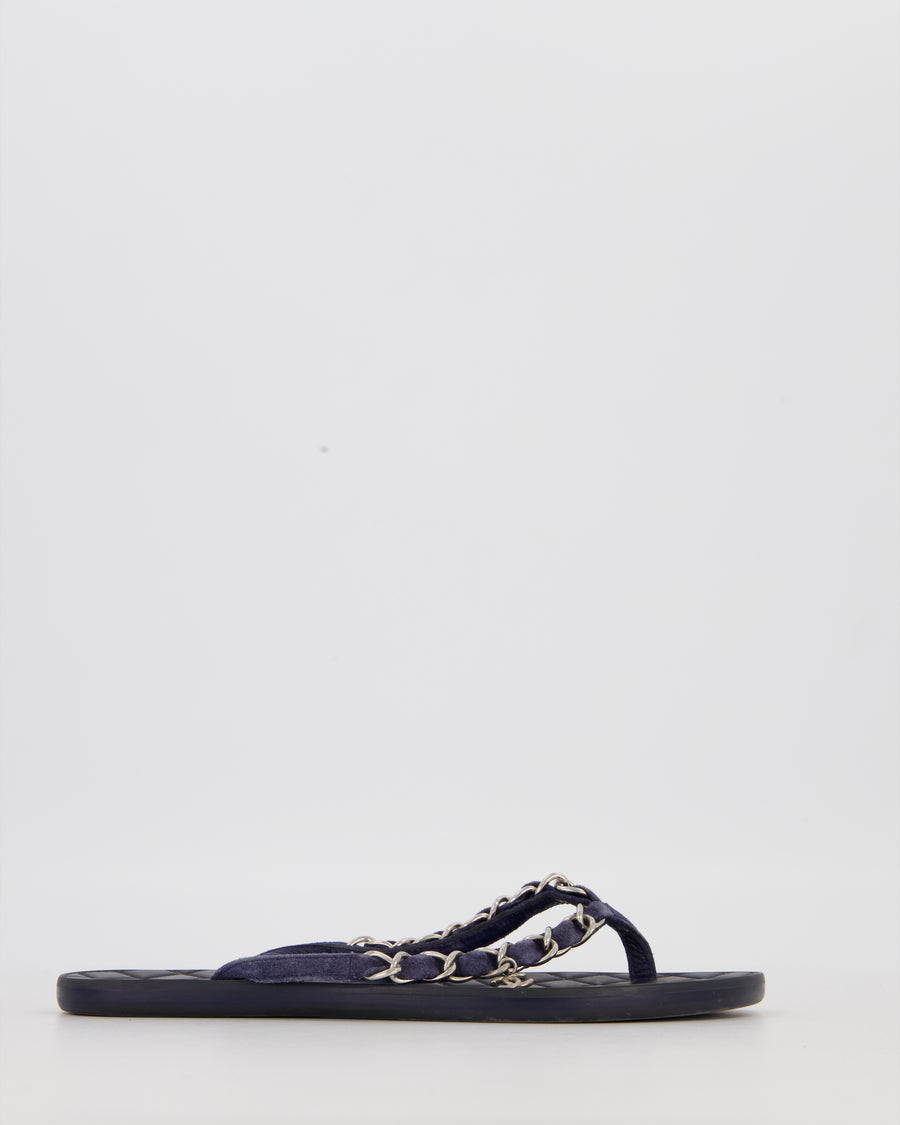 Chanel Navy Quilted Thong Sandals With Chain Logo Straps Size EU 36