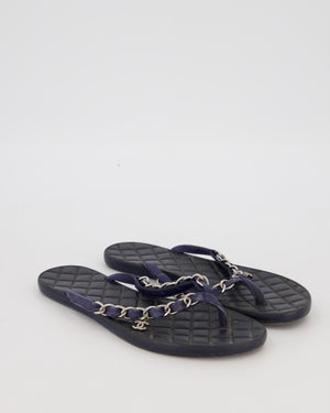 Chanel Navy Quilted Thong Sandals With Chain Logo Straps Size EU 36