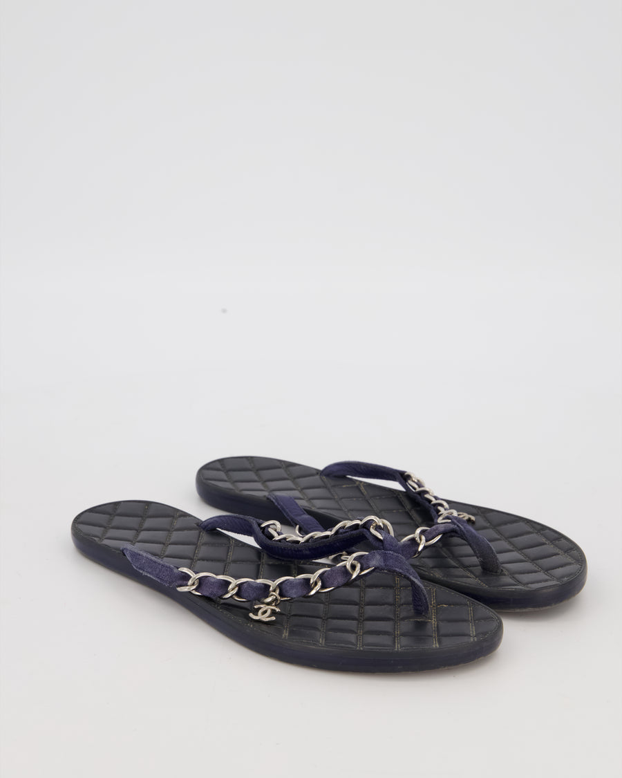 Chanel Navy Quilted Thong Sandals With Chain Logo Straps Size EU 36