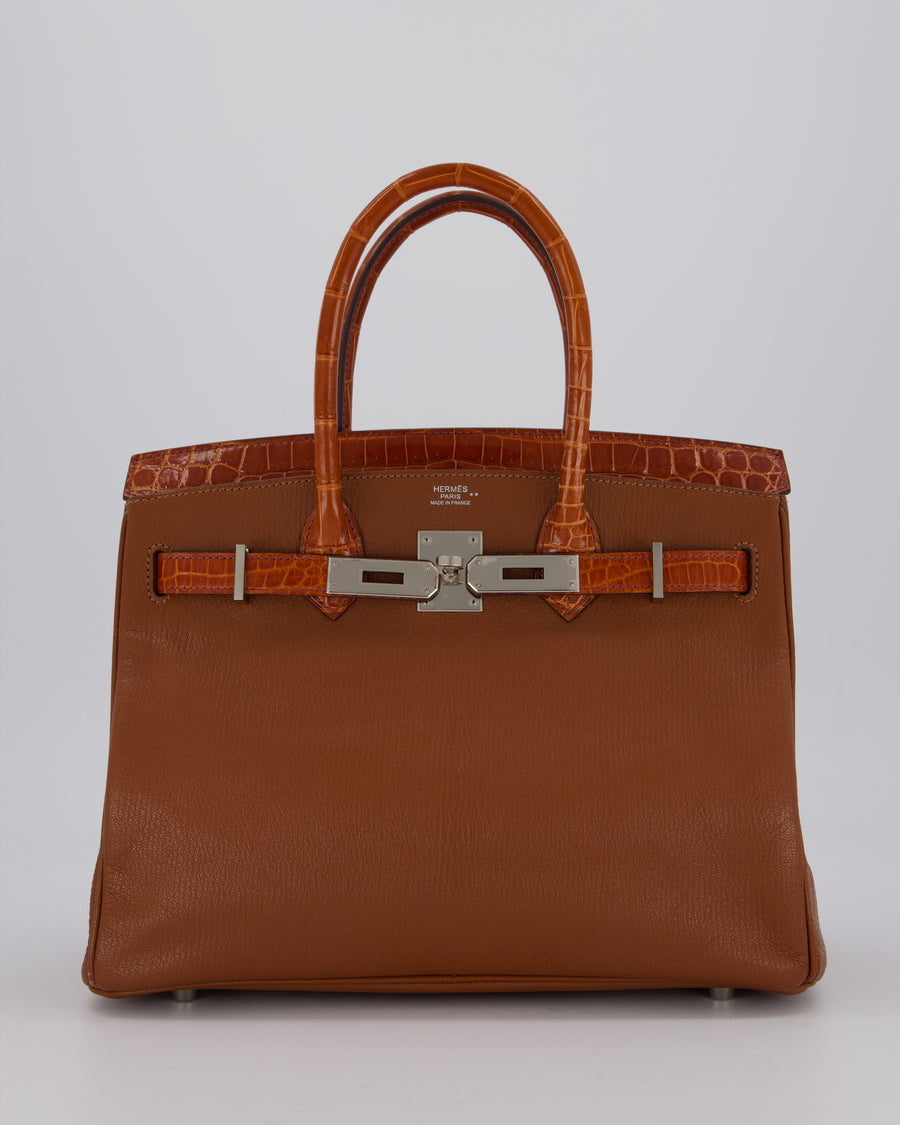 Hermès Birkin 30 Touch Bag in Noisette Chèvre Mysore and Etrusque Crocodile Niloticus Leather with Palladium Hardware