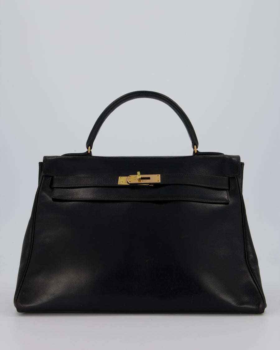 *FIRE PRICE* Hermès Vintage Kelly 32 Retourne Bag in Black Calfskin Box Leather with Gold Hardware