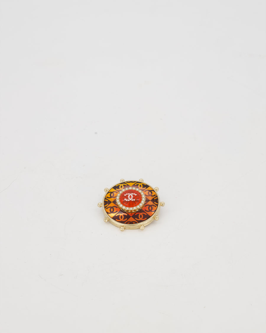 Chanel 2019 La Pausa Red and Gold Embellished Logo Brooch