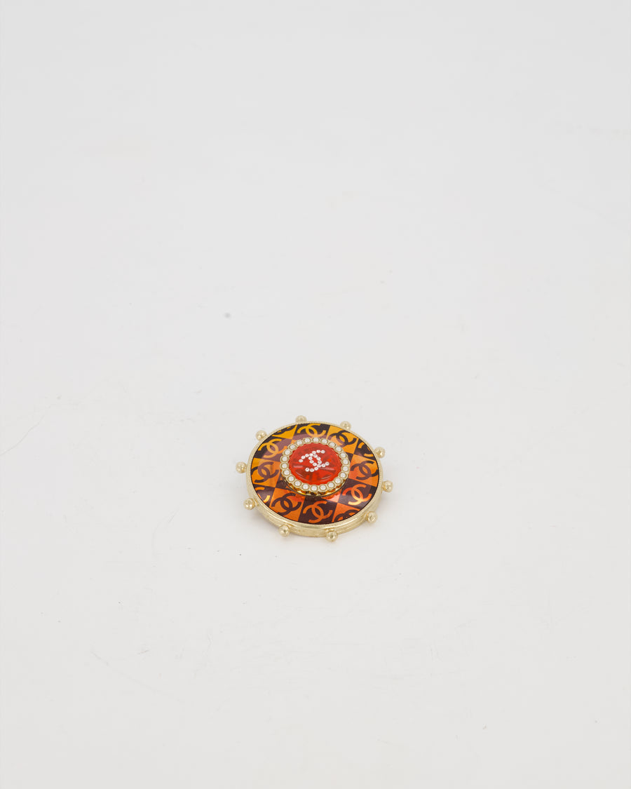 Chanel 2019 La Pausa Red and Gold Embellished Logo Brooch