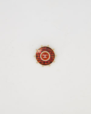 Chanel 2019 La Pausa Red and Gold Embellished Logo Brooch
