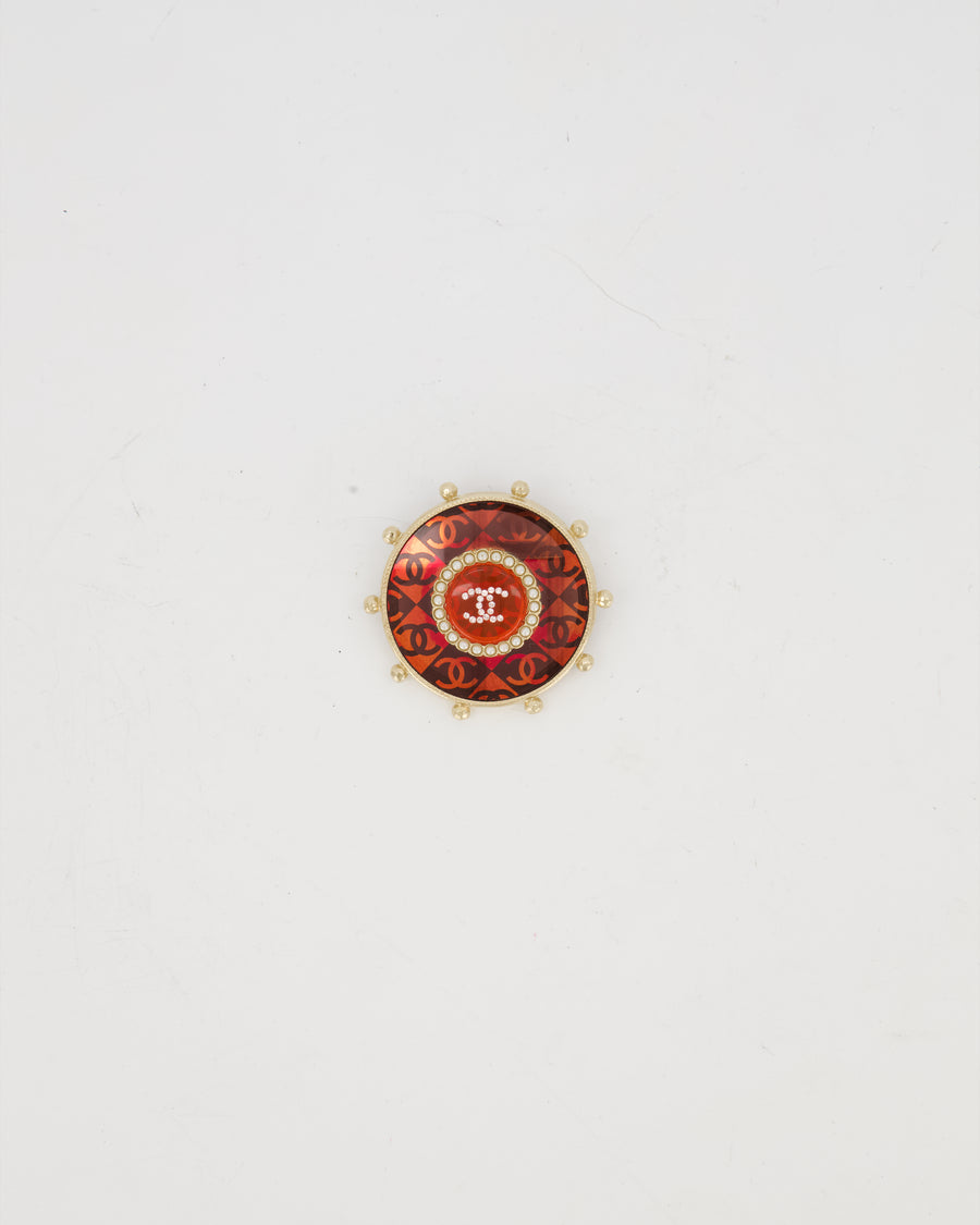 Chanel 2019 La Pausa Red and Gold Embellished Logo Brooch