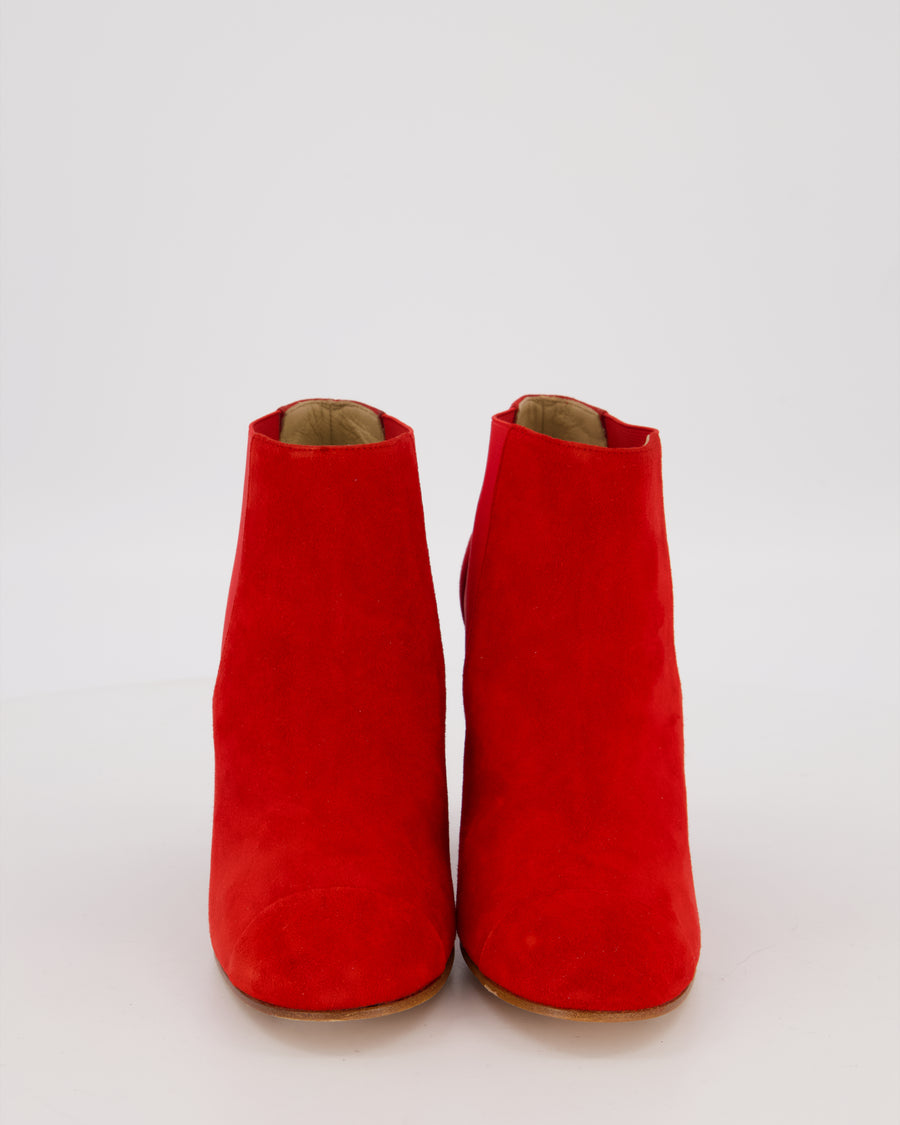 Chanel Red Suede Heeled Ankle Boots Size EU 37.5