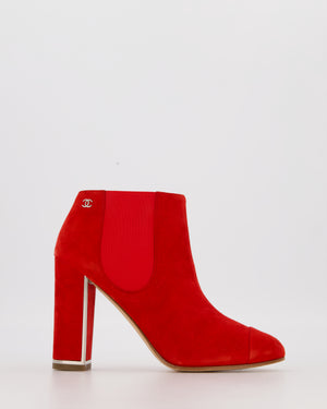 Chanel Red Suede Heeled Ankle Boots Size EU 37.5
