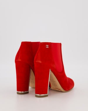 Chanel Red Suede Heeled Ankle Boots Size EU 37.5