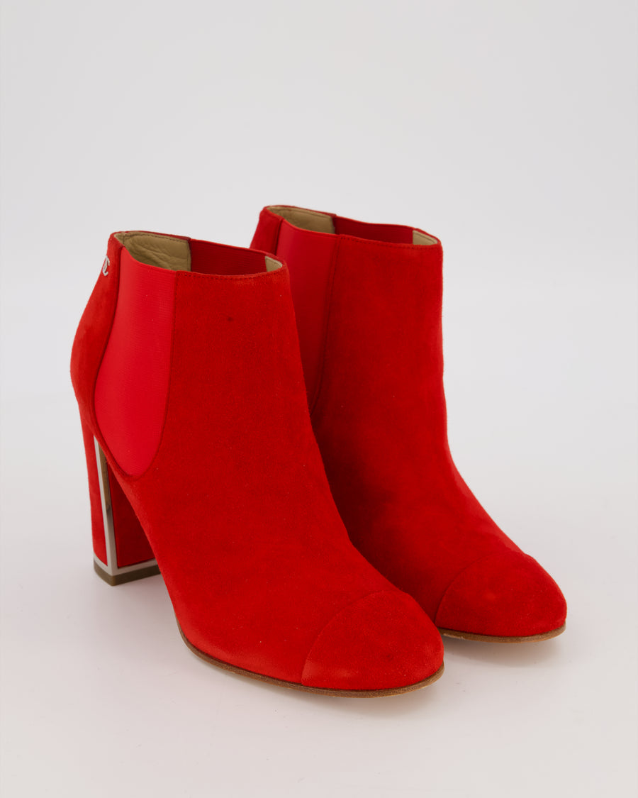 Chanel Red Suede Heeled Ankle Boots Size EU 37.5